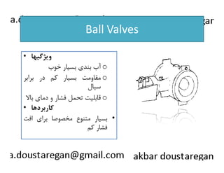 Ball Valves 
• ويژگيها 
آب بندي بسيار خوب o 
مقاومت بسيار كم در برابر o 
سسيياالل 
قابليت تحمل فشار و دماي بالا o 
• كاربردها 
بسيار متنوع مخصوصا براي افت • 
فشار كم 
 
