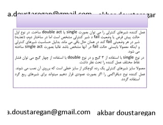 ساخت. در نوع اول double act يا single عمل كننده شيرهاي كنترلي را مي توان بصورت 
د شير كنترلي مشخص است اما در ساختار دوم، (تغذيه) fail حالت پيش فرض يا وضعيت 
كند در همان حال باقي مي ماند. بدليل حساسيت شيرهاي كنترلي fail شير در هر وضعيتي 
ساخته single act در آنها مشخص باشد غالبا بصورت fail و اينكه معمولا بايستي حالت 
مي شود. 
با استفاده از چهار گيج مي توان فشار double با استفاده از ۳ گيج و در نوع single در نوع 
ننققااطط ممخختتللفف ععمملل ككننننددهه رراا تتححتت ننظظرر ددااششتت.. 
معمولا سايز شيرهاي كنترلي يك رده كوچكتر از سايز خطي است كه برروي آن نصب مي شوند. 
عمل كننده نوع ديافراگمي را اگر بصورت عمودي قرار دهيم ميتواند براي شيرهاي ربع گرد 
استفاده گردد. 
 