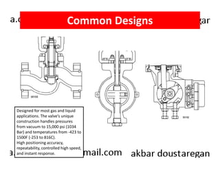 Common Designs 
Designed for most gas and liquid 
applications. The valve’s unique 
construction handles pressures 
from vacuum to 15,000 psi (1034 
Bar) and temperatures from -423 to 
1500F (-253 to 816C). 
High positioning accuracy, 
repeatability, controlled high speed, 
and instant response. 
 