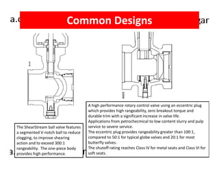 Common Designs 
The ShearStream ball valve features 
a segmented V-notch ball to reduce 
clogging, to improve shearing 
action and to exceed 300:1 
rangeability. The one-piece body 
provides high performance. 
A high performance rotary control valve using an eccentric plug 
which provides high rangeability, zero breakout torque and 
durable trim with a significant increase in valve life. 
Applications from petrochecmical to low content slurry and pulp 
service to severe service. 
The eccentric plug provides rangeability greater than 100:1, 
compared to 50:1 for typical globe valves and 20:1 for most 
butterfly valves. 
The shutoff rating reaches Class IV for metal seats and Class VI for 
soft seats. 
 