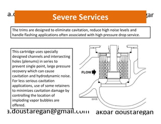 Severe Services 
The trims are designed to eliminate cavitation, reduce high noise levels and 
handle flashing applications often associated with high pressure drop service. 
This cartridge uses specially 
designed channels and intersecting 
holes (plenums) in series to 
prevent single point, large pressure 
recovery which can cause 
cavitation and hydrodynamic noise. 
For less serious cavitation 
applications, use of some retainers 
to minimizes cavitation damage by 
controlling the location of 
imploding vapor bubbles are 
offered. 
 