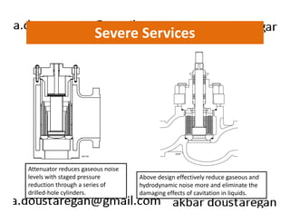 Severe Services 
Attenuator reduces gaseous noise 
levels with staged pressure 
reduction through a series of 
drilled-hole cylinders. 
Above design effectively reduce gaseous and 
hydrodynamic noise more and eliminate the 
damaging effects of cavitation in liquids. 
 