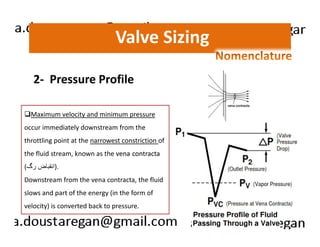 Valve Sizing 
2- Pressure Profile 
Maximum velocity and minimum pressure 
occur immediately downstream from the 
throttling point at the narrowest constriction of 
the fluid stream, known as the vena contracta 
.(انقباض رگ) 
Downstream from the vena contracta, the fluid 
slows and part of the energy (in the form of 
velocity) is converted back to pressure. 
 