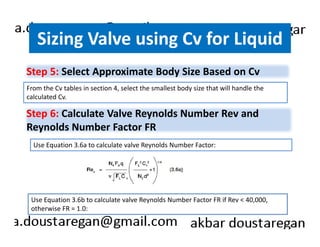 Sizing Valve using Cv for Liquid 
Step 5: Select Approximate Body Size Based on Cv 
From the Cv tables in section 4, select the smallest body size that will handle the 
calculated Cv. 
Step 6: Calculate Valve Reynolds Number Rev and 
Reynolds Number Factor FR 
Use Equation 3.6a to calculate valve Reynolds Number Factor: 
Use Equation 3.6b to calculate valve Reynolds Number Factor FR if Rev < 40,000, 
otherwise FR = 1.0: 
 