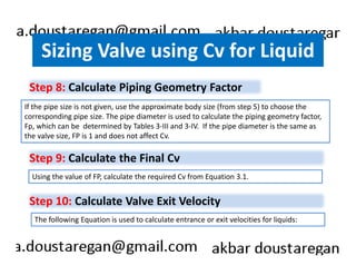 Sizing Valve using Cv for Liquid 
Step 8: Calculate Piping Geometry Factor 
If the pipe size is not given, use the approximate body size (from step 5) to choose the 
corresponding pipe size. The pipe diameter is used to calculate the piping geometry factor, 
Fp, which can be determined by Tables 3-III and 3-IV. If the pipe diameter is the same as 
the valve size, FP is 1 and does not affect Cv. 
Step 9: Calculate the Final Cv 
Using the value of FP, calculate the required Cv from Equation 3.1. 
Step 10: Calculate Valve Exit Velocity 
The following Equation is used to calculate entrance or exit velocities for liquids: 
 
