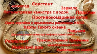 Секстант 
Зеркало 
Пятилитровая канистра с водой 
Пластик 
Противокомариная сетка 
Одна коробка с армейским рационом НАТО 
Карты Тихого океана 
Подушка 
Двухлитровая канистра нефтегазовой смеси 
Реппелент Транзисторный приёмник 
Ямайский ром 
нейлоновый канат 
шоколад 
Рыболовная снасть 
 