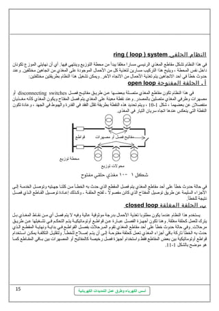 ring ( loop ) system النظام الحلقي 
في هذا النظام تشكل مقاطع المغذي الرئيسي مسارا مغلقا يبدأ من محطة التوزيع وينتهي فيها. أي أن  نهايتي الموزع  تكونان  
داخل نفس المحطة ، ويتيح هذا التركيب مسارين لتغذية كل من الحمال. الموجودة على المغذي من اتجاهين مختلفين. وعند 
حدوث خطأ في آحد التجاهين يتم تغذية الحمال. من التجاه الخر. ويمكن تشغيل هذا النظام بطريقتين مختلفتين: 
open loop أ . الحلق ة المفتوحة 
أو disconnecting switches في هذا النظام تكون  مقاطع المغذي متصسسلة ببعضسسها عسسن طريسسق مفاتيسسح فصسسل 
مصهرات  وطرفي المغذي متصلين بالمصدر. وعند نقطة معينة على المغذي يتم فصل المفتاح ويكون  المغذي كأنه مغسسذيان  
10 ، ويتم تحديد هذه النقطة بطريقة تقلل الفقد في القدرة والهبوط في الجهد ، وعادة تكون  - منفصلن  عن بعضهما ، شكل 1 
النقطة التي ينعكس عندها اتجاه ستريان  التيار في المغذى. 
في حالة حدوث خطأ على أحد مقاطع المغذي يتم فصل المقطع الذي حدث به الخطسسأ مسن كلتسسا جهسستيه وتوصسل الخدمسة إلسسى 
الجزاء السليمة عن طريق توصيل المفتاح الذي كانن مفصول - لفتح الحلقسسة - وكسسذلك إعسسادة توصسسيل القسساطع السسذي فصسسل 
نتيجة للخطأ. 
closed loop ب. الحلقة المغلقة 
يستخدم هذا النظام عندما يكون  مطلوبا تغذية الحمال. بدرجة موثةوقية عالية وفيه ل يتم فصل أي مسسن نقسساط المغسسذي بسسل 
يترك للعمل كحلقة مغلقة. وهنا تكون  أجهسسزة الفصسسل عبسسارة عسسن قواطسسع أوتوماتيكيسسة يتسسم التحكسسم فسسي تشسسغيلها عسسن طريسسق 
مرحلت . وفي حالة حدوث خطأ على أحد مقاطع المغذي تقوم المسرحلت  بفصسل القواطسسع فسي بدايسسة ونهايسسة المقطسع السذي 
حدث به الخطأ تاركة باقي أجزاء المغذي تعمل كحلقة مفتوحسة إلسى أن  يتسم إصسلح للخطسأ. ولتقليسل التكلفسة يمكسن استستخدام 
قواطع أوتوماتيكية بين بعض المقاطع فقط واستتخدام أجهزة فصل رخيصة كالمفاتيح أو المصهرات  بين بسساقي المقسساطع كمسسا 
أسس الكهرباء وطرق عمل التمديدات الكهربائية 
.11- هو موضح بالشكل 1 
15 
 