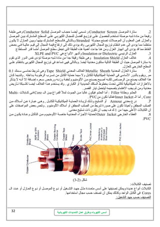 وهللى طبقللة Conductor Solid و تسللمى أيضللا حجللاب الموصللل Conductor Screen 2. سلتارة الموصللل 
رفيعة من مادة شبه موصلة تستخدم للحصول علللى توزيللع أفضللل للمجللال الكهربللي علللى السللطح المشللترك  بيللن الموصللل 
وبالتللالى فالسللطح المشللترك  بينهللا وبيللن العللازل ل يكللون Stranded والعازل. فمن المعلوم أن الموصلت تصنع مجدولة 
منتظما مما يؤدى إلى عدم انتظام توزيع المجال الكهربى, وقد يؤدى ذلك إلى ارتفاع قيمة المجال إلى قيللم عاليللة فللى بعللض 
النقاط مما قد يؤدى إلى انهيار العزل ومن هنا جاءت أهمية هذه الطبقة التى تجعل سلطح الموصل أملسا قدر المستطاع 
XLPE and PVC وأشهر النواع هي Insulation or Dielectric 3. العازل الرئيسي 
وهى طبقة رقيقة جدا من مادة شبه موصلة تؤدى نفس الدور الذى تقوم Insulation Shield 4. غلف العازل 
به سلتارة الموصل حيث أن الطبقة التالية سلتكون معدنية أيضا. وبالتالى فهى تساعد فى توزيع المجال الكهربى بانتظام علللى 
السطح الخارجى للعازل. 
وهى شريط نحاسلللى سلللمك 0.1 Tape Shield الغلف المعدني Metallic Sheath 5. سلتارة العازل المعدنية 
مم , ويقوم بالدور السلاسلى فى الحماية الميكانيكية للكابل ول سليما حماية الكابل من تسللرب الرطوبللة بللداخله . وقللديما كللان 
هذا الغلف يصنع من الرصللاص لكنلله أصللبح يصللنع مللن اللومنيللوم لخفللة وزنله ورخللص سلللعره إضللافة إل أنلله ل يتللأثر 
بالهتزازات الميكانيكية كالتي تحدث بخطوط السكك الحديدية أو الكباري . وقد يستخدم هللذا الغلف أيضللا كشللبكة تللأريض 
معدنية ومن ثم يجب الهتمام بتصميمه ليتحمل تيار القصر. 
Multi- فللى كللابلت Core أما الحشو فيكون غالبا مللن الجللوت لمل الفللراغ بيللن الللل : Filler 6. الحشو وبطانة 
. PVC فغالبا تكون من Inner Jacket أما الل , Core 
أو التسليح وذلللك لزيللادة الحمايللة الميكانيكيللة للكابللل , وهللى عبللارة علن أسللللك  مللن Armour 7. درع معدني 
الصلب المجلفن وأحيانا تكون على صورة شريط من الصلب المجلفن أو أسللك  اللومنيوم . وتنص بعض المواصفات على 
أن الكابلت العلى جهدا من 1 ك  ف يجب أن تكون ذات تسليح معدنى. 
لحماية الجللزاء المعدنيللة خاصللة اللومنيللوم مللن التآكللل وعللادة يكللون مللن Outer Jacket 8. الغطاء الخارجي 
أسس الكهرباء وطرق عمل التمديدات الكهربائية 
.PVC 
(3- شكل ( 2 
تصنيف الكابلت: 
الكابلت أنواع عديدة ويمكن تصنيفها على أسلس متعللددة مثللل جهللد التشللغيل أو نلوع الموصللل أو نلوع العللازل أو علدد الللل 
فى الكابل الواحد وكذلك يمكن أن تصنف حسب مجال اسلتخدامها. Cores 
ا لتصنيف حسب جهد ا لتشغيل: 
32 
 