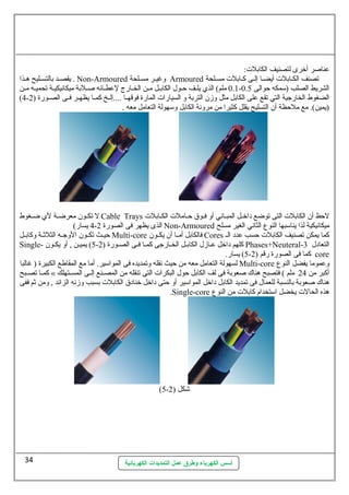 أسس الكهرباء وطرق عمل التمديدات الكهربائية 
عناصر أخرى لتصنيف الكابلت: 
يقصلد بالتسلليح هلذا . Non-Armoured وغيلر مسللحة Armoured تصنف الكلابلت أيضلا إللى كلابلت مسللحة 
0.1 ملم) الذي يللف حلول الكابلل ملن الخللارج لعطللائه صللبة ميكانيكيلة تحميلله ملن - الشريط الصلب (سلمكه حوالى 0.5 
(4- الضغوط الخارجية التي تقع على الكابل مثل وزن التربة و السيارات المارة فوقهللا ....إلللخ كمللا يظهللر فللى الصللورة ( 2 
(يمين). مع ملحظة أن التسليح يقلل كثيرا من مرونة الكابل وسلهولة التعامل معه . 
ل تكللون معرضللة لي ضللغوط Cable Trays لحظ أن الكابلت التى توضع داخللل المبللاني أو فللوق حللاملت الكللابلت 
4 يسار) - الذى يظهر فى الصورة 2 Non-Armoured ميكانيكية لذا يناسلبها النوع الثاني الغير مسلح 
حيللث تكللون الوجلله الثلثللة وكابللل Multi-core فالكابل أمللا أن يكللون Cores كما يمكن تصنيف الكابلت حسب عدد الل 
Single- 5) يميلن , أو يكلون - كلهم داخل علازل الكابلل الخلارجى كملا فلى الصلورة ( 2 Phases+Neuteral- التعادل 3 
5) يسار. - كما فى الصورة رقم ( 2 core 
لسهولة التعامل معه من حيث نقله وتمديده فى المواسلير. أما مع المقاطع الكبيرة ( غالبا Multi-core وعموما يفضل النوع 
كمللا تصللبح « أكبر من 24 ملم ) فتصبح هناك  صعوبة فى لف الكابل حول البكرات التى تنقله من المصللنع إلللى المسللتهلك 
هناك  صعوبة بالنسبة للعمال فى تمديد الكابل داخل المواسلير أو حتى داخل خنادق الكابلت بسبب وزنه الزائد , ومن ثم ففى 
.Single-core هذه الحالت يخضل اسلتخدام كابلت من النوع 
(5- شكل ( 2 
34 
 