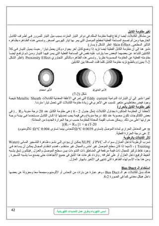 تغير مبقاومبة ا لكابل 
من مشاكل الكابلت أيضا ارتفاع قيمة مقاومة السلك فى دوائر التيار المتردد بسبب ميل التيار للمللرور فللى أطللراف الكابللل 
الخارجية ومن ثم تصبح المساحة الفعلية لمقطع الموصل التى يمر بها تيار كهربللى أصللغر, وتسللمى هلذه الظللاهره بظللاهره 
انظر الشكل ( يسار) Skin Effect , التأثير السطحى 
نشير هنا إلى أن مقاومة الكابل الفعلية أيضا تزيد إذا وضع كابل أخر بجواره وكان يحمل تيارا , حيللث يميللل التيللار فللى كل 
الكابلين للتباعد عن بعضهما البعض مما يترتب عليه نقص فى المساحة الفعلية التى يمللر فيهللا التيللار ومللن ثللم ترتفللع أيضللا 
انظر الشكل ) Proximity Effect مقاومته الفعلية عن المقاومة المحسوبة نظريا , وتسمى هذه الظاهره بالتأثير التجاوري 
7-2 يمين) وبالطبع تزيد مقاومة الكابل كلما قلت المسافة بين الكابلين 
(7- شكل ( 2 
نتيجللة Metallic Sheath التي تمر في الغلفة المعدنية للكللابلت Eddy current أخيرا نشير إلى أن التيارات الدوامية 
وجود فيض مغناطيسي متغير تتسبب هي الخرى في زيادة مقاومة الكابلت التي تحمل تيارا مترددا. 
تغير مبقاومبة ا لكابل بالحرارة 
فى ) , R 6 ) هى مقاومة الكابل عند 20 درجة مئوية 20 - لحظنا أن المقاومة المذكورة بجداول الكابلت (مثل جدول 2 
بعض الكتالوجات تكون محسوبة عند 40 درجة مئوية) وهي قيمة يجب تعللديلها إذا كللان الكابللل مسللتخدما فللى بيئللة درجللة 
حرارتها أعلى من ذلك. ويمكن حساب القيمة المعدلة للمقاومة حسب درجة الحرارة الجديدة من المعادلة: 
[(RT = R20 [1 + α (T-20 
لللومنيوم) Ω/oC للنحاس بينما تساوى 0.004 Ω/oC هى المعامل الحرارى لمادة الموصل (تساوى 0.0039 :α 
هى درجة الحرارة الفعلية. :T 
تأثر ا لكابلت  بالرطوبة 
Water) يمكللن أن يلؤدى إلللى نشللوء ظللاهرة التشللجير المللائى XLPE أو PVC تسرب الرطوبة لداخل العللازل سلللواء الللل 
لسليما إذا كان سلطح الموصل غير أملس والمجال غير منتظللم - فعللدم انتظللام المجللال يمكللن أن يسللاعد فللى - ( Treeting 
وجود نقاط تركيز للمجال ذات قيمة مرتفعة فى المنللاطق ذات النتللوءات بيللن سلللطح الموصللل والعللزل , فيتكللون شللق يشللبه 
الخيط الرفيع داخل العازل أو على أطرافه , وتزداد تفرعات هذا الشق فى جميع التجاهات حتى يصنع مللا يشللبه الشللجرة , 
ومن هنا جاء السلم لهذه الظاهرة التى تنتهى فى الخير بانهيار العازل. 
أسس الكهرباء وطرق عمل التمديدات الكهربائية 
Bus Duct ا ستخدام ا ل ي 
وهو عبارة عن بارات من النحاس أو اللومنيوم مجمعة معا ومعزولة عن بعضها ، Bus Duct هناك  بديل للكابلت هو الل 
.8- داخل هيكل معدنى كما فى الصورة 2 
42 
 
