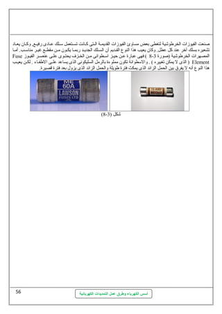 صلنعت الفيوزات الخرطوشية لتغطى بعض مساوئ الفيوزات القديمسسة السستى كسسانهت تسسستعمل سمسسلك عطسسادى رفيسسع, وكسسان يعسساد 
تشعيره بسلك آخر عطند كل عططل. وكان يعيب هذا النوع القسديم أن السسلك الجديسد ربمسا يكسون مسن مقطسع غيسر مناسمسب. أمسا 
Fuse 8 ) فهى عطبارة عطسن حظيسز اسمسطوانهى مسن الخسزف يحتسوى عطلسى عطنصسر الفيسوز - المصهرات الخرطوشية (صلورة 3 
الذى ل يمكن تغييره ) . والسمطوانهة تكون مملوءة بالرمل السليكونهى الذى يساعطد عطلسسى الطفسساء . لكسسن يعيسسب ) Element 
هذا النوع أنهه ل يفرق بين الحمل الزائد الذى يمكث فترة طويلة والحمل الزائد الذى يزول بعد فترة قصيرة. 
(8- شكل ( 3 
أسس الكهرباء وطرق عمل التمديدات الكهربائية 
56 
 