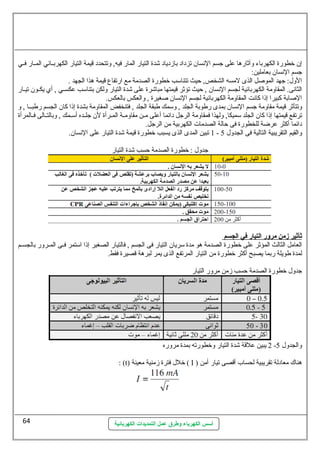 إن خطورة الكهرباء وآثارها عطلى جسم النهسان تزداد بازدياد شدة التيار المار فيه, وتتحدد قيمة التيار الكهربسسائي المسسار فسسي 
جسم النهسان بعاملين: 
الول: جهد الموصلل الذى لمسه الشخص, حظيث تتناسمب خطورة الصدمة مع ارتفاع قيمة هذا الجهد . 
الثانهى. المقاومة الكهربائية لجسم النهسان , حظيث تؤثر قيمتها مباشرة عطلى شدة التيار ولكن بتناسمب عطكسسسي , أي يكسسون تيسسار 
الصلابة كبيرا إذا كانهت المقاومة الكهربائية لجسم النهسان صلغيرة , والعكس بالعكس. 
وتتأثر قيمة مقاومة جسم النهسان بمدى رطوبة الجلد , وسممك طبقة الجلد , فتنخفض المقاومة بشدة إذا كان الجسم رطبسسا , و 
ترتفع قيمتها إذا كان الجلد سمميكا, ولهذا فمقاومة الرجل دائما أعطلى مسسن مقاومسسة المسسرأة لن جلسسده أسمسسمك , وبالتسسالى فسسالمرأة 
دائما أكثر عطرضة للخطورة فى حظالة الصدمات الكهربية من الرجل. 
1 تبين المدى الذى يسبب خطورة قيمة شدة التيار عطلى النهسان. - والقيم التقريبية التالية فى الجدول 5 
جدول : خطورة الصدمة حظسب شدة التيار 
ثأثير زمن مرور ا لتيار في ا لجسم 
العامل الثالث المؤثر عطلى خطورة الصدمة هو مدة سمريان التيار فى الجسم , فالتيار الصغير إذا اسمتمر فسسى المسسرور بالجسسسم 
لمدة طويلة ربما يصبح أكثر خطورة من التيار المرتفع الذى يمر لبرهة قصيرة فقط. 
جدول خطورة الصدمة حظسب زمن مرور التيار 
2 يبين عطلقة شدة التيار وخطورته بمدة مروره - والجدول 5 
: (t) خلل فترة زمنية معينة ( I ) هناك معادلة تقريبية لحساب أقصى تيار أمن 
أسس الكهرباء وطرق عمل التمديدات الكهربائية 
64 
 