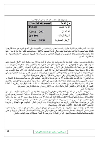 3) المقاومة النوعطية لبعض أنهواع التربة - جدول ( 5 
فإذا كانهت المقاومة النوعطية للتربة عطالية, والمساحظة محدودة, وإمكانهية دق اللكترودات إلى أعطماق كبيرة غير ممكنسسة لوجسسود 
طبقات سمفلية صلخرية مثل ففي هذه الحالة يمكن عطلج التربة المحيطة بسساللكترودات كيميائيسسا لتقليسسل مقاومسسة التربسسة , ويتسسم 
ذلك إما باسمتخدام ملح كبريتات المغنيسيوم, أو كبريتات النحاس, أو الفحم, أو ملح كلوريسسد الصسسوديوم " الملسسح العسسادي" , أو 
إضافة برادة الحديد. 
ويتم ذلك بعمل حظفرة مجاورة للكترود التأريض وتبعد عطنه مسافة ل تزيد عطن 10 سمسسم , وتمل بأحظسسد الملح السسسابقة حظسستى 
منسوب 30 سمم من سمطح الرض . كما يمكن كأسملوب آخر عطمل خندق محيط باللكترود بحيث ل يقل قطره عطن 45 سمم , 
وبعمق 30 سمم , ويمل بالمادة الكيميائية , عطلى أل يكون هناك اتصال مباشر بين المواد الكيميائية واللكترود حظتى ل يتسبب 
ذلك فى تكوين طبقة صلدأ . ويفضل أل تقل كمية الملح عطن 20 كجم , ويتم غمرها بالماء فى بادئ المر حظسستى تتسسسرب فسسى 
التربة المحيطة ثم تقوم مياه المطار بهذه المهمة فيما بعد. ورغم أن كبريتات المغنيسيوم أفضل من حظيسسث التآكسسل الكيميسسائي 
إل أن كلوريد الصوديوم أرخص بكثير ويفي بالغرض, خاصلة إذا وضع في خندق يحيط باللكترود. 
من الواضح أن هذه الطريقة لتقليل مقاومة الرض هي طريقة مؤقتة نهظرا لختفاء الملح تسسدريجيا بسسسبب سمسسقوط المطسسار و 
الصرف الطبيعي , ولذلك يجب تجديد شحنة الملح كل عطامين عطلى الكثر - طبقا لكميسسة المطسر ومسسامية الرض. وإذا كسان 
عطنصر المتابعة والصيانهة غير متوفر فيفضل عطدم اسمسستخدام هسسذه الطريقسسة مهمسسا كسسانهت اقتصسسادية , ويجسسب فسسى هسسذه الحالسسة 
اللجوء إلى الطرق الخرى لخفض المقاومة مثل زيادة عطدد اللكترودات أو عطمل شبكة تأريض (حظصيرة). 
إ لكترود ا لتأريض 
إلكترودات التأريض هى القضبان المعدنهية التى تدفن فى الرض ويتم لحظقا توصليل الجهزة المسراد تأريضسسها بهسا مسن 
أنهسسسب وأرخسسص أنهسسواح Driven Electrodes خلل " وصللة الرضي". وتعتسسبر القضسسبان الرأسمسسية المدفونهسسة بسسالرض 
اللكترودات, حظيث يتم دفنها لمسافة ل تقل عطن ثلثة أمتار فى عطمق الرض, ثم يتم توصليل وصللة الرضى بطرفها. وغالبا 
يكون اللكترود من النحاس أو الصلب , ومن الصعب أن يكون اللكترود ذو الثلثة أمتار مكونها من قطعة واحظسسدة بسسل غالبسسا 
بينها للوصلول للطول المطلوب. مع ملحظظسسة أن مقاومسسة Coupling يكون من أجزاء ذات طول قياسمى , ثم يتم عطمل ربط 
الرضى ل تتأثر كثيرا بقطر اللكترود لكنها تتأثر أسماسما بطوله. 
لحظظ أنهه إن وجدت صلخور مثل قريبة من سمطح الرض وتعذر دفن اللكترود رأسمسسيا فسسإنهه يمكسسن اسمسستخدام شسسرائح معدنهيسسة 
قصيرة تسمى إلكترودات سمطحية, حظيث تدفن أفقيا عطلى عطمق حظسوالى مستر, وتأخسذ أحظيانهسسا شسكل النجمسة أو الزاويسة أو حظسستى 
6 , ومن ثم تتصل بوصللة الرضى الخاص بالمبنى. - خطوط مستقيمة وتتصل ببعضها البعض كما فى الشكل 5 
أسس الكهرباء وطرق عمل التمديدات الكهربائية 
70 
 
