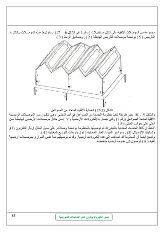 17 ) . ولترتبــط هــذه الموصــلت بــإلكترولد - مجموعة من الموصلت الفقية على شكل مستطيلت ( رضقم 1 فى الشكل 6 
.( التأرضيض ( 5 ) بواسيطة موصلت التأرضيض الهابطة ( 2 ) , ولصناديق الربط ( 3 
17 ) الحماية الفقية المتعدد من الصواعق - الشكل ( 5 
18 يبين طريقة تنفيذ منظومة الحماية من الصواعق فى أحد المبانى. ولهى تتكــون مــن الموصــلت الرئيســية - ولالشكل 5 
الفقية لمانعة الصواعق (رضقم 1) ولالتى تتصل باللكترولدات الرضضــية ( 9 ) مــن خرلل  موصــلت الرضضــى الهابطــة مــن 
أسس الكهرباء وطرق عمل التمديدات الكهربائية 
.( أعلى على جوانب المبنى ( 5 
,( لحظ أن كافة المنشآت المعدنية بالمبنى قد تم توصيلها بالمنظومة بواسيطة ولصلت, على سيبيل المثال  إرضيال  التلفزيون ( 7 
.( ولشبابيك اللوميتال  ( 3) , ولمواسيير المياه / الغاز المعدنية ( 6 ), وللوحات التوزيع المعدنية ( 4 
ولاضح أيضا أن المنظومة قد احتاجت إلى عدة إلكترولدات أرضضية, ولقد تم توصيلهم معا علــى التــوازى بموصــلت أرضضــية 
أفقية ( 8 ) للوصول  إلى مقاولمة أرضضية منخفضة. 
84 
 