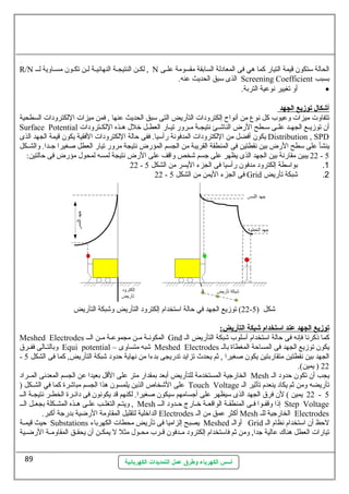 R/N لكــن النتيجــة النهائيــة لــن تكــون مســاولية لـــ , N الحالة سيتكون قيمة التيارض كما هي فى المعادلة السابقة مقسومة علــى 
الذى سيبق الحديث عنه. Screening Coefficient بسبب 
أول تغيير نوعية التربة. · 
أ شكال توزيع ا لجهد 
تتفاولت ميزات ولعيوب كل نوع من أنواح إلكترولدات التأرضيض التى سيبق الحديث عنها , فمن ميزات اللكترولدات السطحية 
Surface Potential أن توزيــع الجهــد علــى سيــطح الرضض الناشــئ نتيجــة مــرولرض تيــارض العطــل خرلل  هــذه اللكــترولدات 
يكون أفضل من اللكترولدات المدفونة رضأسييا. ففى حالة اللكترولدات الفقية يكون قيمة الجهد الذى Distribution , SPD 
ينشأ على سيطح الرضض بين نقطتين فى المنطقة القريبة من الجسم المؤرضض نتيجة مرولرض تيارض العطل صغيرا جــدا. ولالشــكل 
22 يبين مقارضنة بين الجهد الذى يظهر على جسم شخص ولاقف على الرضض نتيجة لمسه لمحول  مؤرضض فى حالتين: - 5 
22 - 1. بواسيطة إلكترولد مدفون رضأسييا فى الجزء اليسر من الشكل 5 
22 - فى الجزء اليمن من الشكل 5 Grid 2. شبكة تأرضيض 
22 ) توزيع الجهد في حالة اسيتخدام إلكترولد التأرضيض ولشبكة التأرضيض - شكل ( 5 
توزيع ا لجهد عند ا ستخدام شبكة ا لتأريض: 
Meshed Electrodes المكونــة مــن مجموعــة مــن الـــ Gnd كما ذكرنا فإنه فى حالة اسيتخدام أسيلوب شبكة التأرضيض الـ 
ولبالتــالى ففــرق Equi potential – شبه متساولى Meshed Electrodes يكون توزيع الجهد فى المساحة المغطاة بالـ 
- الجهد بين نقطتين متقارضبتين يكون صغيرا , ثةم يحدث تزايد تدرضيجى بدءا من نهاية حدولد شبكة التأرضيض, كما فى الشكل 5 
أسس الكهرباء وطرق عمل التمديدات الكهربائية 
22 ( يمين). 
الخارضجية المستخدمة للتأرضيض أبعد بمقدارض متر على القل بعيدا عن الجسم المعدنى المــراد Mesh يجب أن تكون حدولد الـ 
على الشخاص الذين يلمسون هذا الجسم مباشرة كما في الشــكل ( Touch Voltage تأرضيضه ولمن ثةم يكاد ينعدم تأثةير الـ 
22 يمين ) لن فرق الجهد الذى سييظهر على أجسامهم سييكون صغيرا. لكنهم قد يكونون فى دائــرة الخطــر نتيجــة الـــ - 5 
وليتــم التغلــب علــى هــذه المشــكلة بجعــل الـــ , Mesh إذا ولقفــوا فــى المنطقــة الواقعــة خرــارضج حــدولد الـــ Step Voltage 
الداخرلية لتقليل المقاولمة الرضضية بدرضجة أكبر. Electrodes أكثر عمق من الـ Mesh الخارضجية للـ Electrodes 
حيث قيمــة Substations يصبح إلزاميا فى تأرضيض محطات الكهرباء Meshed أولالـ Grid لحظ أن اسيتخدام نظام الـ 
تيارضات العطل هناك عالية جدا, ولمن ثةم فاسيتخدام إلكترولد مــدفون قــرب محــول  مثل ل يمكــن أن يحقــق المقاولمــة الرضضــية 
89 
 