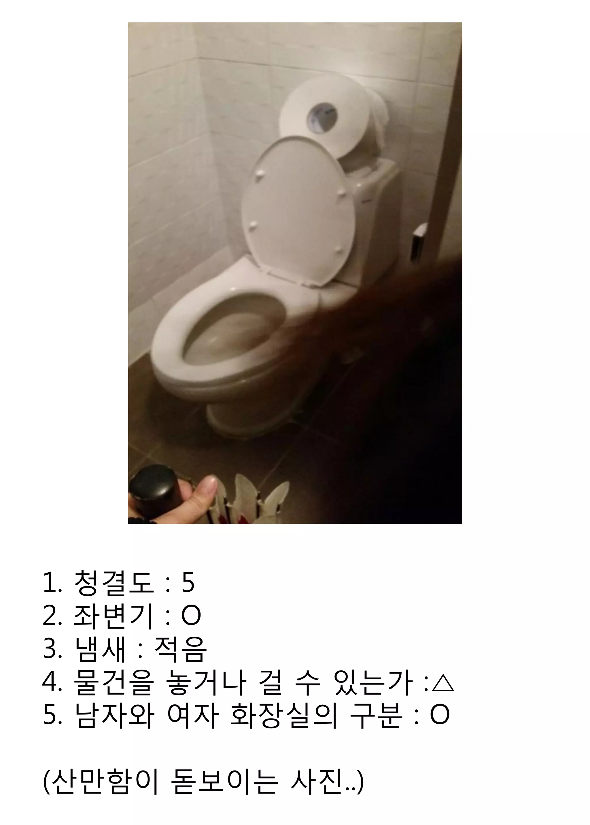 1. 청결도 : 5 
2. 좌변기 : O 
3. 냄새 : 적음 
4. 물건을 놓거나 걸 수 있는가 :△ 
5. 남자와 여자 화장실의 구분 : O 
(산만함이 돋보이는 사진..)  