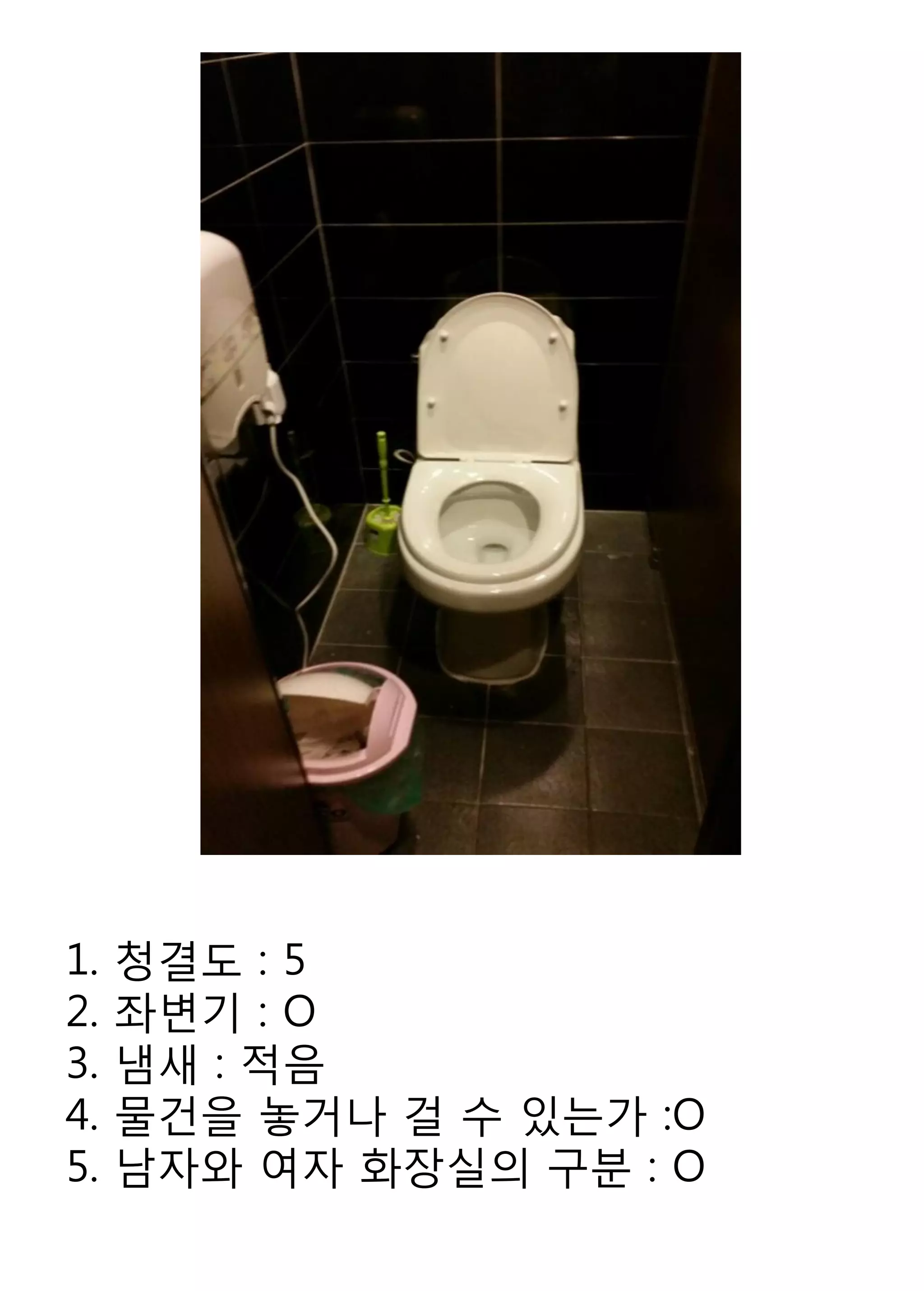 1. 청결도 : 5 
2. 좌변기 : O 
3. 냄새 : 적음 
4. 물건을 놓거나 걸 수 있는가 :O 
5. 남자와 여자 화장실의 구분 : O 
 