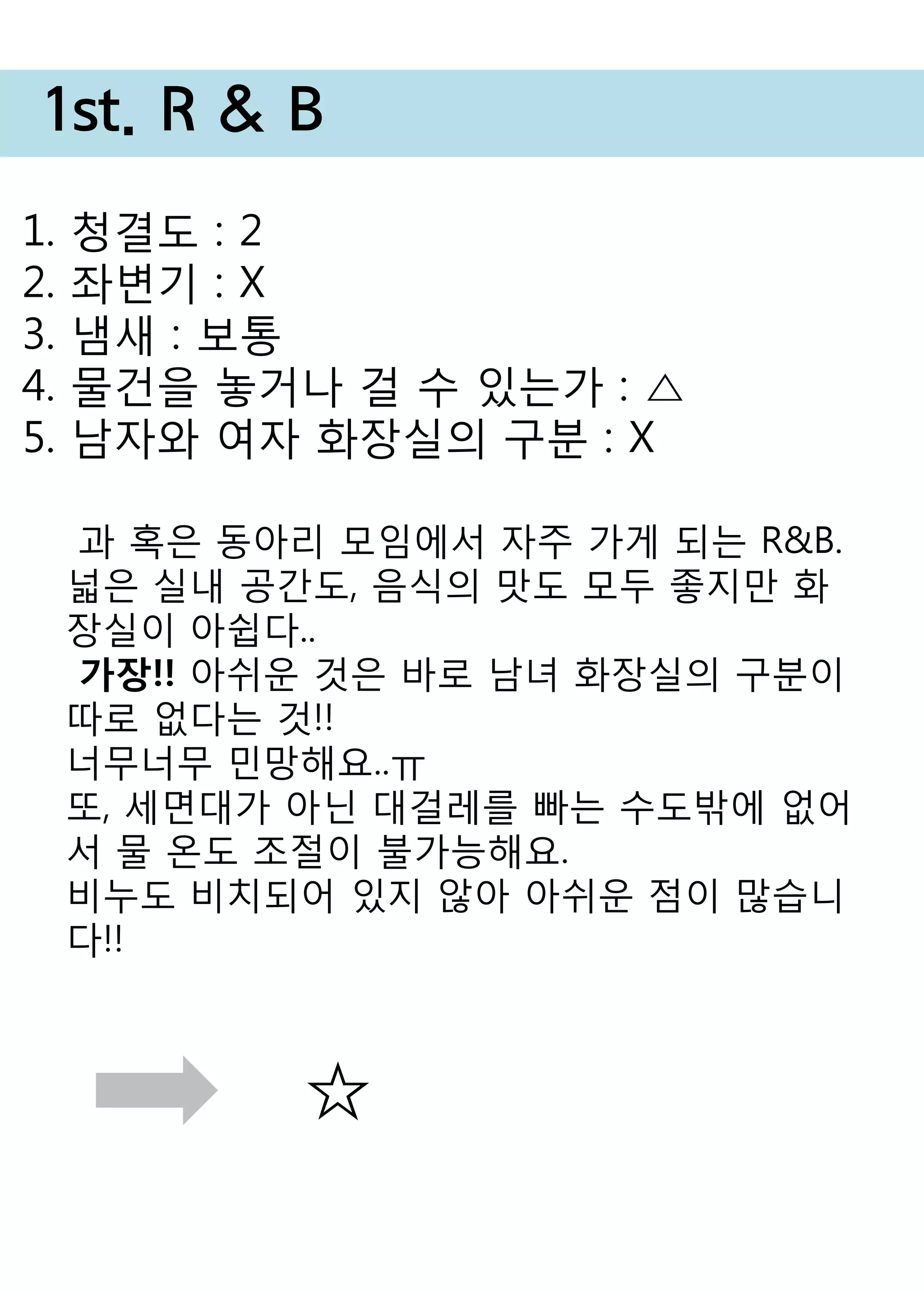 1st. R & B 
1. 청결도 : 2 
2. 좌변기 : X 
3. 냄새 : 보통 
4. 물건을 놓거나 걸 수 있는가 : △ 
5. 남자와 여자 화장실의 구분 : X 
과 혹은 동아리 모임에서 자주 가게 되는 R&B. 
넓은 실내 공간도, 음식의 맛도 모두 좋지만 화장실이 아쉽다.. 
가장!! 아쉬운 것은 바로 남녀 화장실의 구분이 따로 없다는 것!! 
너무너무 민망해요..ㅠ 
또, 세면대가 아닌 대걸레를 빠는 수도밖에 없어서 물 온도 조절이 불가능해요. 
비누도 비치되어 있지 않아 아쉬운 점이 많습니다!! 
☆ 
 