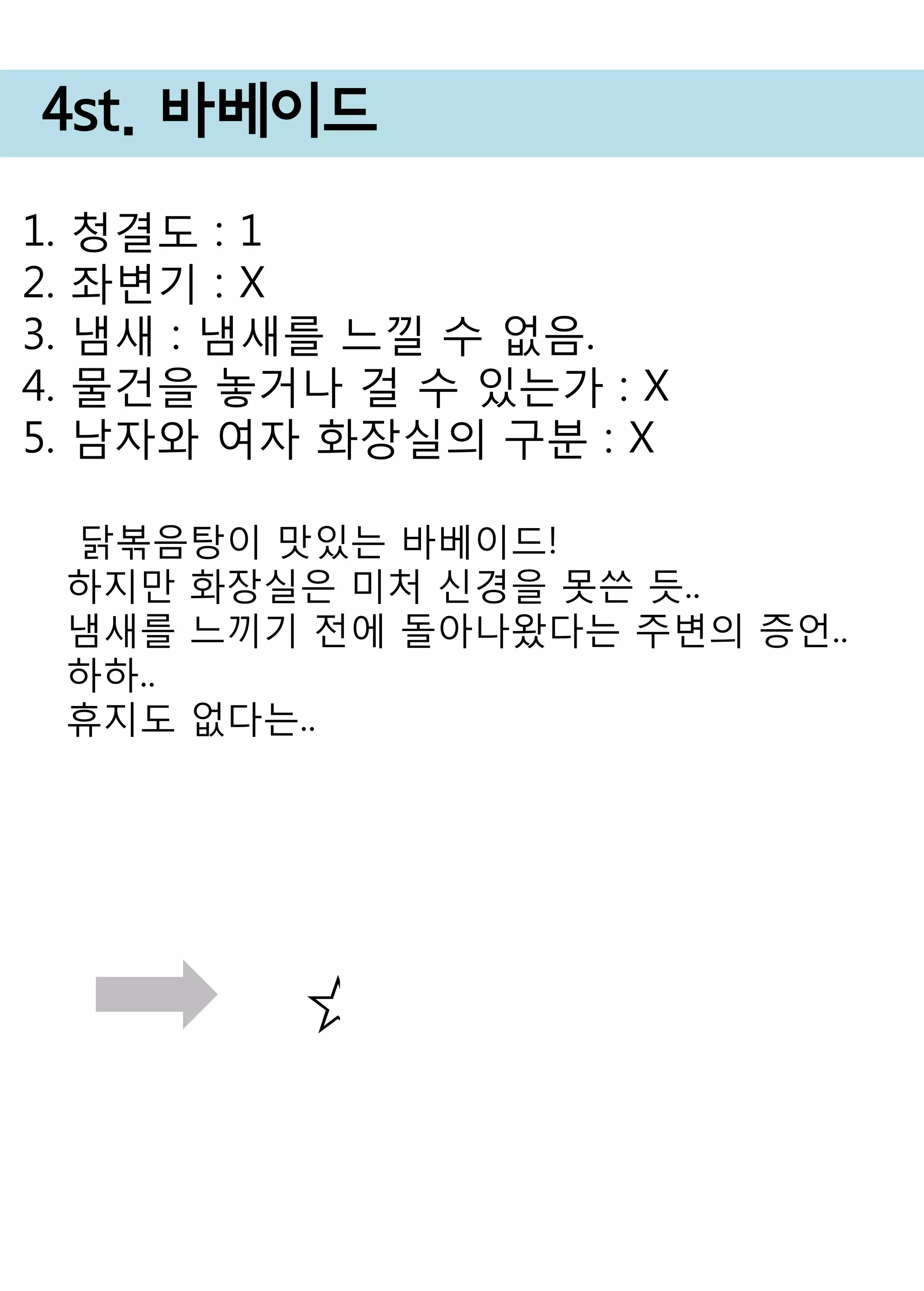 4st. 바베이드 
1. 청결도 : 1 
2. 좌변기 : X 
3. 냄새 : 냄새를 느낄 수 없음. 
4. 물건을 놓거나 걸 수 있는가 : X 
5. 남자와 여자 화장실의 구분 : X 
☆ 
닭볶음탕이 맛있는 바베이드! 
하지만 화장실은 미처 신경을 못쓴 듯.. 
냄새를 느끼기 전에 돌아나왔다는 주변의 증언.. 하하.. 
휴지도 없다는.. 
 