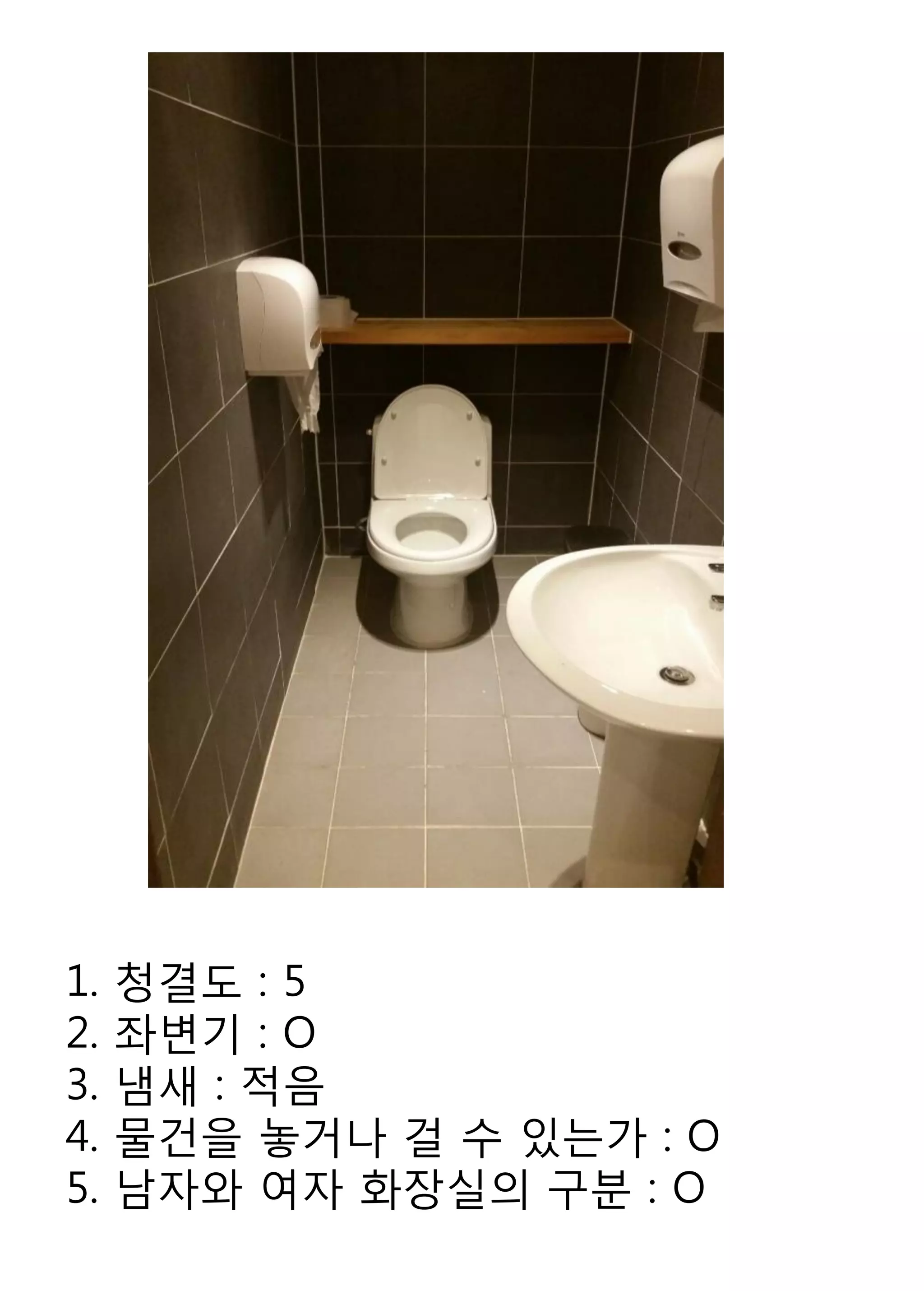 1. 청결도 : 5 
2. 좌변기 : O 
3. 냄새 : 적음 
4. 물건을 놓거나 걸 수 있는가 : O 
5. 남자와 여자 화장실의 구분 : O  