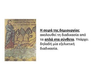 Η σειρά της δημιουργίας 
ακολουθεί τη διαδικασία από 
τα απλά στα σύνθετα. Υπάρχει 
δηλαδή μία εξελικτική 
διαδικασία. 
 