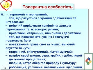 ТТооллееррааннттннаа ооссооббииссттііссттьь 
Я: -- терпимий и терпеливий; 
Я: -- терпимий и терпеливий; 
– той, що рахується з чужими здібностями та 
інтересами; 
– вміючий вирішувати конфлікти шляхом 
переконання та взаєморозуміння; 
– привітний і старанний, ввічливий і делікатний; 
– той, що поважає оточуючих і оточуючі 
поважають його 
– поважаючий права свої та інших, вміючий 
слухати та чути; 
– старанний, співчутливий, підтримуючий; 
– патріот своєї школи, села, країни, турботливий 
до їхнього процвітання; 
– людина, котра оберігає природу і культуру; 
– роботящий, успішний, независимий, щасливий. 
– той, що рахується з чужими здібностями та 
інтересами; 
– вміючий вирішувати конфлікти шляхом 
переконання та взаєморозуміння; 
– привітний і старанний, ввічливий і делікатний; 
– той, що поважає оточуючих і оточуючі 
поважають його 
– поважаючий права свої та інших, вміючий 
слухати та чути; 
– старанний, співчутливий, підтримуючий; 
– патріот своєї школи, села, країни, турботливий 
до їхнього процвітання; 
– людина, котра оберігає природу і культуру; 
– роботящий, успішний, независимий, щасливий. 
15 
 