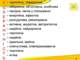– терпляча, товариська 
– обережна, об’єктивна, особлива 
– лагідна, легка у спілкуванні 
– енергійна, ефектна 
– розсудлива, рівноправна 
– активна, акуратна, авторитетна 
– надійна, найдорожча 
– терпляча 
– надійна 
– ідеальна, ідейна 
– співчутлива, співпереживаюча 
– терпляча 
– м’яка 
Т 
ОЛ 
ЕРА 
НТ 
НІ 
СТ Ь 18 
 