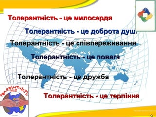 ТТооллееррааннттннііссттьь -- ццее ммииллооссееррддяя 
ТТооллееррааннттннііссттьь -- ццее ддооббррооттаа ддуушшіі 
ТТооллееррааннттннііссттьь -- ццее ссппііввппеерреежжиивваанннняя 
ТТооллееррааннттннііссттьь -- ццее ппооввааггаа 
ТТооллееррааннттннііссттьь -- ццее ддрруужжббаа 
ТТооллееррааннттннііссттьь -- ццее ттееррппіінннняя 
9 
 
