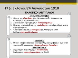 1η §: Εκλογές 8ης Αυγούστου 1910 
ΕΚΛΟΓΙΚΟΙ ΑΝΤΙΠΑΛΟΙ 
Ανεξάρτητοι υποψήφιοι 
1. Φορείς των νέων ιδεών (δεν είχε συγκροτηθεί κόμμα που να 
υποστηρίζει τις μεταρρυθμίσεις) 
2. Διεκδικούσαν τις ψήφους των δυσαρεστημένων 
3. Είχαν ως γενικό σύνθημα την «ανόρθωση», η οποία ανάλογα με την 
περιοχή σήμαινε: 
• Υλοποίηση αιτημάτων συντεχνιών (συλλαλητήρια 1909) 
• Επίλυση αγροτικού ζητήματος 
Σοσιαλιστές 
1. Έθεσαν υποψηφιότητα σε κάποιες εκλογικές περιφέρειες (εμφάνιση 
της σοσιαλδημοκρατικής «Κοινωνιολογικής Εταιρείας» 
Παλαιά κόμματα 
• Συμμετείχαν στις εκλογές ως συνασπισμός 
• Κέρδισαν τις περισσότερες έδρες στη Βουλή 
 