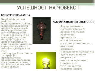 УСПЕШНОСТ НА ЧОВЕКОТ 
Хемфри Дејви, кој 
работел 
во Лондон околу 1810г., 
ја измислил лачната 
ламба. За оваа ламба 
биле користени две 
јаглеродни прачки, 
секоја поврзана со по 
еден крај од голема 
батерија. Дејви ги 
допрел електродите 
една од друга, со што го 
скратувал калемот, а 
потоа ги одделувал по 
еден 
милиметар. Електрична 
та струја ја 
прескокнувала 
празнината меѓу двете 
електроди, при што се 
создавала плазма што 
силно светела 
Флуоресцентните 
светилки првпат се 
појавиле во 19 век. 
Работат на 
принцип на 
ослободување на 
електрицитетот низ гас 
под низок 
притисок. 
Направени се од стаклена 
цевка исполнета со 
инертен гас 
под низик притисок. 
Струјата што 
тече низ гасот ја 
испарува живата 
ЕЛЕКТРИЧНА ЛАМБА 
ФЛУОРЕСЦЕНТНИ СВЕТИЛКИ 
 