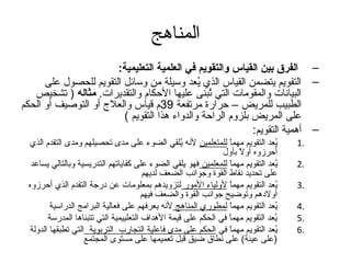 المناهج 
– الفرق بين القياس والتقويم في العلمية التعليمية: 
– التقويم يتضمن القياس الذي يُععد وسيلة من وسائل التقويم للحصول على 
البيانات والمقومات التي تُعبنى عليها الحكام والتقديرات. مثاله ( تشخيص 
الطبيب للمريض – حرارة مرتفعة 39 م قياس والعلج أو التوصيف أو الحكم 
على المريض بلزوم الراحة والدواءم هدذا التقويم ) 
– أهدمية التقويم: 
1 يُععد التقويم مهماً م للمتعلمين لنه يُعلقي الضوءم على مدى تحصيلهم ومدى التقدم الذي . 
أحرزوه أولً م بأول 
2 يُععد التقويم مهماً م للمعلمين فهو يلقي الضوءم على كفاياتهم التدريسية وبالتالي يساعد . 
على تحديد نقاط القوة وجتوانب الضعف لديهم 
3 يُععد التقويم مهماً م لولياءم المور لتزويدهدم بمعلومات عن درجتة التقدم الذي أحرزوه . 
أولدهدم وتوضيح جتوانب القوة والضعف فيهم 
4 يُععد التقويم مهماً م لمطوري المناهدج لنه يعرفهم على فعالية البرامج الدراسية . 
5 يُععد التقويم مهماً م في الحكم على قيمة الهدداف التعلييمية التي تتبناهدا المدرسة . 
6 يُععد التقويم مهماً م في الحكم على مدى فاعلية التجارب. التربوية التي تطبقها الدولة . 
(على عينة) على نطاق ضيق قبل تعميمها على مستوى المجتمع 
 