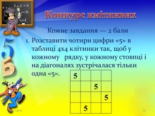 Кожне завдання — 2 бали 
1. Розставити чотири цифри «5» в 
таблиці 4x4 клітинки так, щоб у 
кожному рядку, у кожному стовпці і 
на діагоналях зустрічалася тільки 
одна «5». 
5 
5 
5 
5 
23.11.2014 13 
 