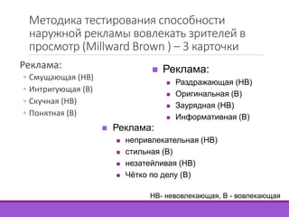 Методика тестирования способности 
наружной рекламы вовлекать зрителей в 
просмотр (Millward Brown ) – 3 карточки 
Реклама: 
 Реклама: 
◦ Смущающая (НВ) 
◦ Интригующая (В) 
◦ Скучная (НВ) 
◦ Понятная (В) 
 Раздражающая (НВ) 
 Оригинальная (В) 
 Заурядная (НВ) 
 Информативная (В) 
 Реклама: 
 непривлекательная (НВ) 
 стильная (В) 
 незатейливая (НВ) 
 Чётко по делу (В) 
НВ- невовлекающая, В - вовлекающая 
 