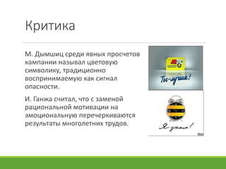 Критика
М. Дымшиц среди явных просчетов
кампании называл цветовую
символику, традиционно
воспринимаемую как сигнал
опасности.
И. Ганжа считал, что с заменой
рациональной мотивации на
эмоциональную перечеркиваются
результаты многолетних трудов.
