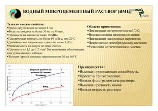 ВОДНЫЙ МИКРОЦЕМЕНТНЫЙ РАСТВОР (ВМЦ) 
Области применения: 
Ликвидация негерметичностей ЭК; 
Восстановление цементного камня; 
Ликвидация заколонных перетоков; 
Докрепление гелеобразующих составов; 
Установка «ответственных» мостов. 
Технологические свойства: 
Время загустевания не менее 4 час 
Фильтратоотдача не более 30 мл за 30 мин. 
Прочность на сжатие не ниже 10 МПа; 
Пластическая вязкость, не более 50 мПа·с, при 20°С 
Динамическое напряжение сдвига не ниже 3 дПа; 
Растекаемость на конусе не ниже 200 мм 
Плотность от 1,3 до 1,7 г/см3 без включения облегчающих 
или утяжеляющих добавок; 
Температурный интервал применения от 20 до 140°С 
Преимущества: 
Высокая проникающая способность; 
Простота приготовления; 
Низкая фильтратоотдача раствора; 
Высокая прочность камня 
Низкая вязкость раствора 
 