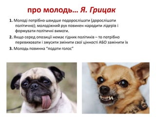 про молодь… Я. Грицак 
1. Молоді потрібно швидше подорослішати (дорослішати 
політично); молодіжний рух повинен народити лідерів і 
формувати політичні вимоги. 
2. Якщо серед опозиції немає гідних політиків – то потрібно 
перевиховати і змусити змінити свої цінності АБО замінити їх 
3. Молодь повинна “подати голос” 
 