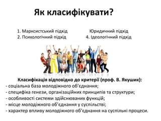 Як класифікувати? 
1. Марксистський підхід 
2. Психологічний підхід 
3. 
Юридичний підхід 
4. Ідеологічний підхід 
Класифікація відповідно до критерії (проф. В. Якушик): 
- соціальна база молодіжного об’єднання; 
- специфіка генези, організаційних принципів та структури; 
- особливості системи здійснюваних функцій; 
- місце молодіжного об’єднання у суспільстві; 
- характер впливу молодіжного об’єднання на суспільні процеси. 
 