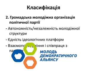 Класифікація 
2. Громадська молодіжна організація 
політичної партії 
- Автономність/незалежність молодіжної 
структури 
- Єдність ідеологічних платформ 
- Взаємопорозуміння і співпраця з 
партією 
 