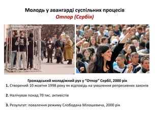 Молодь у авангарді суспільних процесів 
Отпор (Сербія) 
Громадський молодіжний рух у “Отпор” Сербії, 2000 рік 
1. Створений 10 жовтня 1998 року як відповідь на ухвалення репресивних законів 
2. Налічував понад 70 тис. активістів 
3. Результат: повалення режиму Слободана Мілошевича, 2000 рік 
 