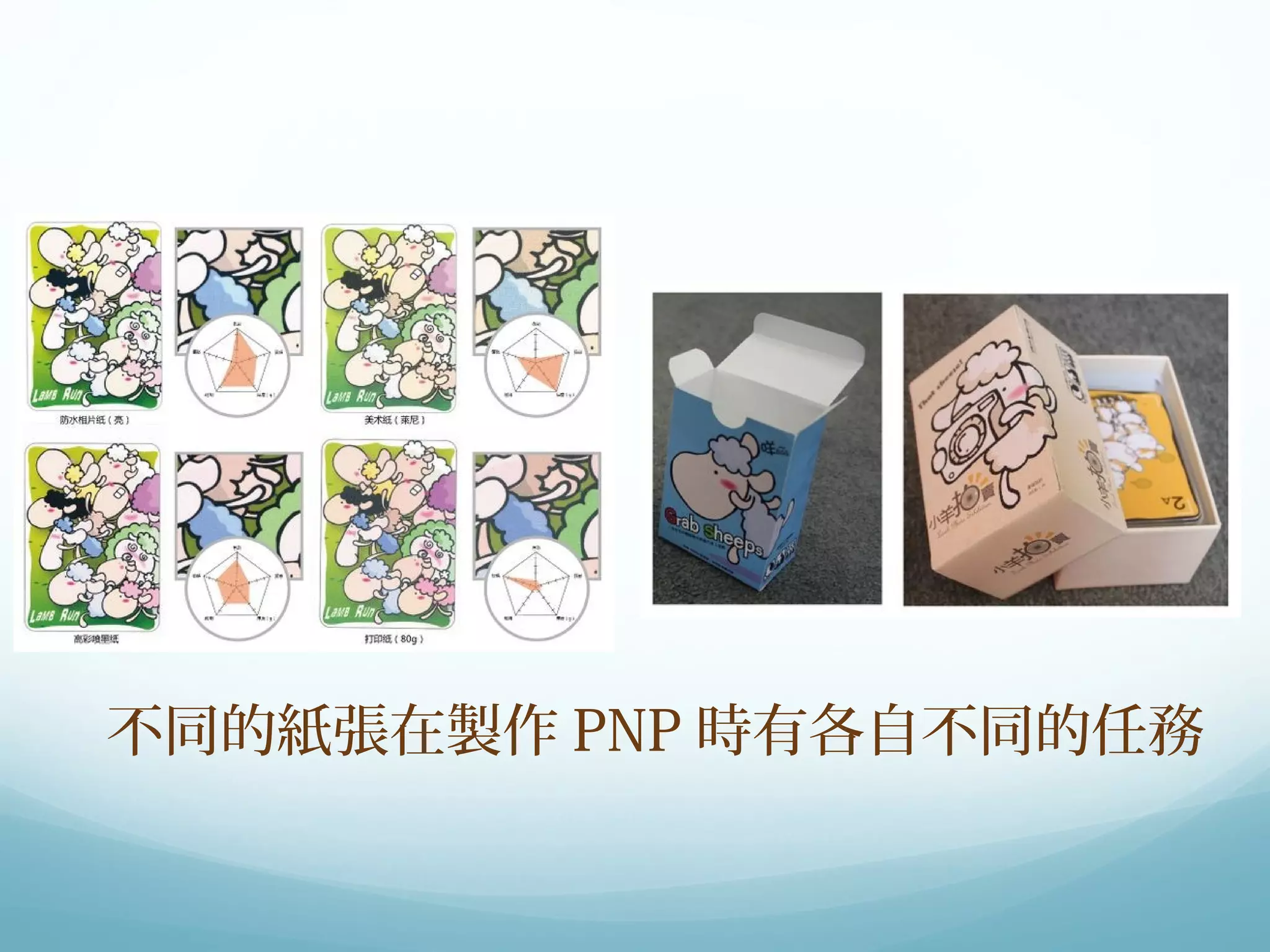 不同的紙張在製作PNP時有各自不同的任務 
 