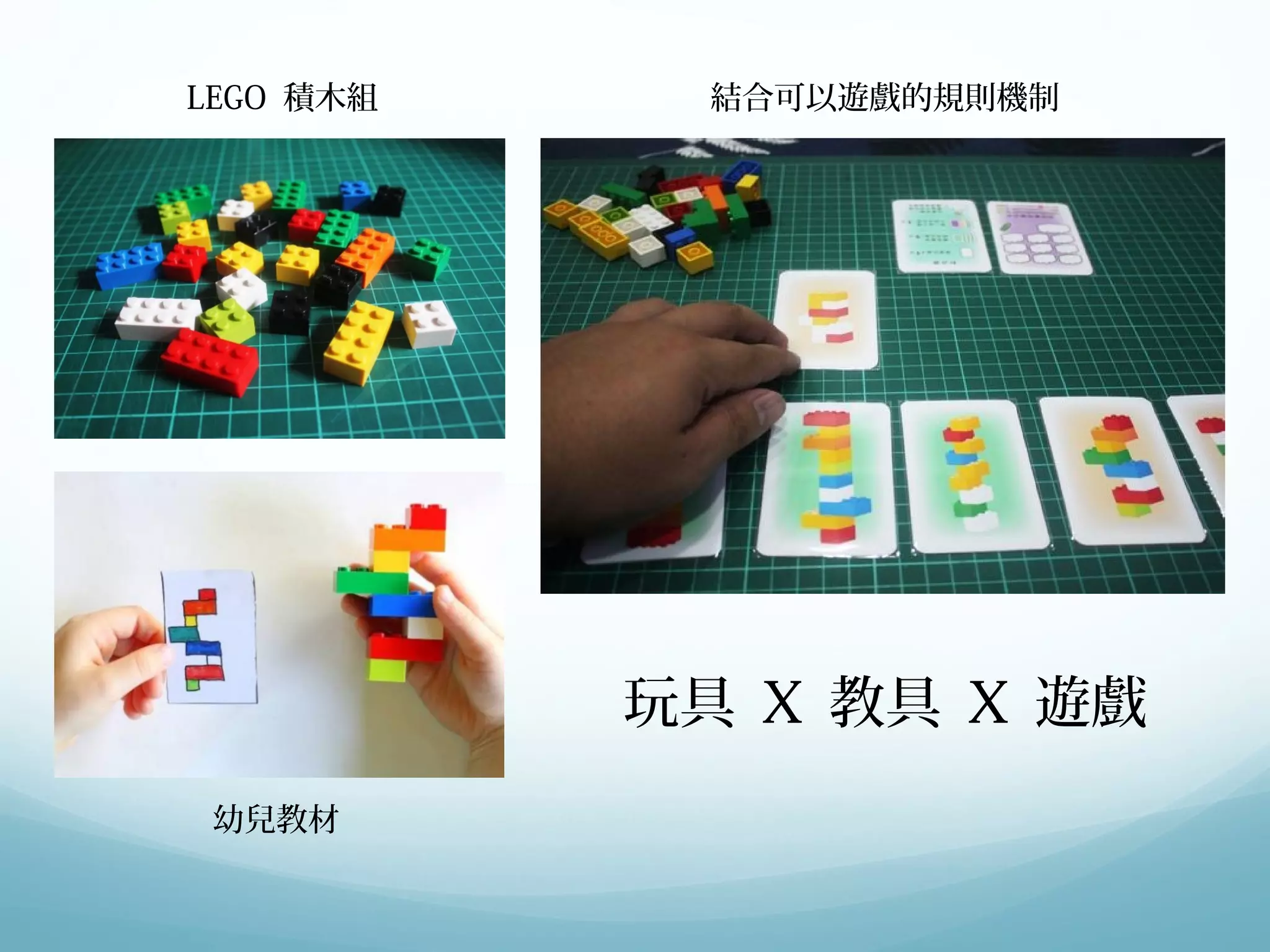 LEGO 積木組結合可以遊戲的規則機制 
幼兒教材 
玩具 Ｘ 教具 Ｘ 遊戲 
 