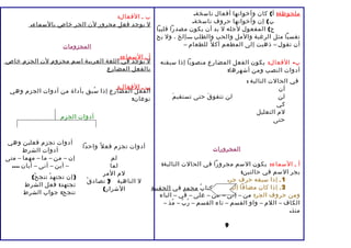 ملحوظة: أ) كان وأخواتها أفعال ناسخة. 
ملحوظة: ب) إن وأخواتها حروف ناسخة. 
ملحوظة: ج) المفعول لجله ل بد أن يكون مصدرا قلبيا 
نفسيا مثل الرغبة والمل والحب والطلب ...إلخ ، ول يح 
أن تقول – ذهبت إلى المطعم أكل للطعام – 
ب- الفعال: يكون الفعل المضارع منصوبا إذا سبقته 
أدوات النصب ومن أشهرها: 
في الحالت التالية : 
أن 
لن لن تتفوقَ حتى تستقيمَ 
كي 
لم التعليل 
حتى 
المجرورات 
أ ـ السماء: يكون السم مجرورا في الحالت التالية: 
يجر السم في حالتين: 
1ـ إذا سبقه حرف جر. 
2ـ إذا كان مضافا إليه. 
ومن حروف الجر: من – إلى – عن – على – في – الباء 
الكاف – اللم – واو القسم – تاء القسم – رُبّ – مُذ – 
منذ. 
9 
ب ـ الفعال: 
ل يوجد فعل مجرور لن الجر خاص بالسماء. 
المجزومات 
أ ل ـ يا ولجسد م فاءي : اللغة العربية اسم مجزوم لن الجزم خاص 
بالفعل المضارع 
ال ب ف ـ عا لل فالعمالض:ا رع إذا سُبق بأداة من أدوات الجزم وهي 
نوعان: 
أدوات الجزم 
أدوات تجزم فعل واحدا أدوات تجزم فعلين وهي 
أدوات الشرط 
لم إن – من – ما – مهما – متى 
لما – أين – أنى – أيان .... 
لم المر (إن تجتهدْ تنجحْ) 
تجتهد: فعل الشرط 
تنجح: جواب الشرط 
ل الناهية ل( تصادقْ 
كتابُ محمدٍ في الحقيبةِ الشرار) 
 