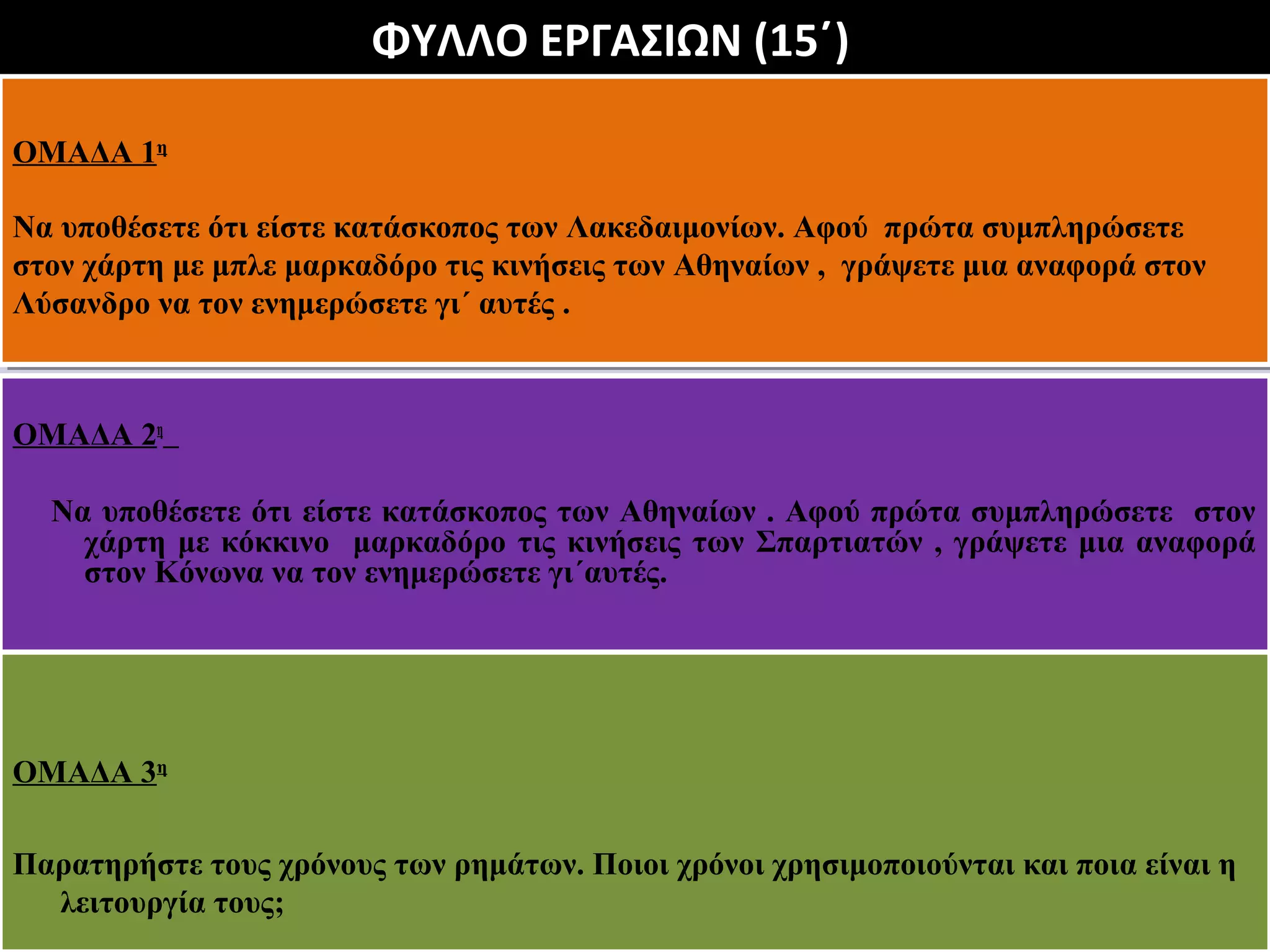 ΟΜΑΔΑ 1η 
Να υποθέσετε ότι είστε κατάσκοπος των Λακεδαιμονίων. Αφού πρώτα συμπληρώσετε 
στον χάρτη με μπλε μαρκαδόρο τις κινήσεις των Αθηναίων , γράψετε μια αναφορά στον 
Λύσανδρο να τον ενημερώσετε γι΄ αυτές . 
Να υποθέσετε ότι είστε κατάσκοπος των Λακεδαιμονίων. Αφού πρώτα συμπληρώσετε 
στον χάρτη με μπλε μαρκαδόρο τις κινήσεις των Αθηναίων , γράψετε μια αναφορά στον 
Λύσανδρο να τον ενημερώσετε γι΄ αυτές . 
ΟΜΑΔΑ 2η 
Να υποθέσετε ότι είστε κατάσκοπος των Αθηναίων . Αφού πρώτα συμπληρώσετε στον 
χάρτη με κόκκινο μαρκαδόρο τις κινήσεις των Σπαρτιατών , γράψετε μια αναφορά 
στον Κόνωνα να τον ενημερώσετε γι΄αυτές. 
ΟΜΑΔΑ 3η 
ΟΜΑΔΑ 3η 
Παρατηρήστε τους χρόνους των ρημάτων. Ποιοι χρόνοι χρησιμοποιούνται και ποια είναι η 
Παρατηρήστε τους χρόνους των ρημάτων. Ποιοι χρόνοι χρησιμοποιούνται και ποια είναι η 
λειτουργία τους; 
λειτουργία τους; 
ΦΥΛΛΟ ΕΡΓΑΣΙΩΝ (15΄) 
 