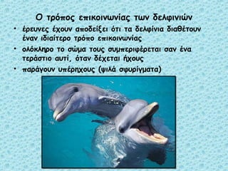 Ο τρόπος επικοινωνίας των δελφινιών 
• έρευνες έχουν αποδείξει ότι τα δελφίνια διαθέτουν 
έναν ιδιαίτερο τρόπο επικοινωνίας 
• ολόκληρο το σώμα τους συμπεριφέρεται σαν ένα 
τεράστιο αυτί, όταν δέχεται ήχους 
• παράγουν υπέρηχους (ψιλά σφυρίγματα) 
 
