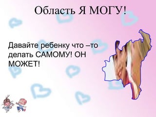 Область Я МОГУ! 
Давайте ребенку что –то 
делать САМОМУ! ОН 
МОЖЕТ! 
 