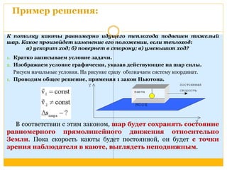 Пример решения: 
К потолку каюты равномерно идущего теплохода подвешен тяжелый 
шар. Какое произойдет изменение его положении, если теплоход: 
а) ускорит ход; б) повернет в сторону; в) уменьшит ход? 
1. Кратко записываем условие задачи. 
2. Изображаем условие графически, указав действующие на шар силы. 
Рисуем начальные условия. На рисунке сразу обозначаем систему координат. 
1. Проводим общее решение, применяя 1 закон Ньютона. 
В соответствии с этим законом, шар будет сохранять состояние 
равномерного прямолинейного движения относительно 
Земли. Пока скорость каюты будет постоянной, он будет с точки 
зрения наблюдателя в каюте, выглядеть неподвижным. 
 
