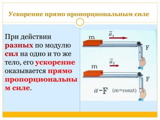 Ускорение прямо пропорциональным силе 
При действии 
разных по модулю 
сил на одно и то же 
тело, его ускорение 
оказывается прямо 
пропорциональны 
м силе. 
 