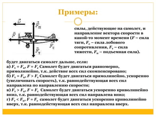 Примеры: 
силы, действующие на самолет, и 
направление вектора скорости в 
какой-то момент времени (F – сила 
тяги, Fc – сила лобового 
сопротивления, Fт – сила 
тяжести, Fп – подъемная сила). 
будет двигаться самолет дальше, если: 
a) Fт = Fп, F = Fс Самолет будет двигаться равномерно, 
прямолинейно, т.к. действие всех сил скомпенсировано; 
б) Fт = Fп, F > Fс Самолет будет двигаться прямолинейно, ускоренно 
(увеличивать скорость), т.к. равнодействующая всех сил 
направлена по направлению скорости; 
в) Fт > Fп, F = Fс Самолет будет двигаться ускоренно криволинейно 
вниз, т.к. равнодействующая всех сил направлена вниз; 
г) Fт < Fп, F = Fс самолет будет двигаться ускоренно криволинейно 
вверх, т.к. равнодействующая всех сил направлена вверх. 
 