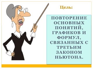 Цель: 
ПОВТОРЕНИЕ 
ОСНОВНЫХ 
ПОНЯТИЙ, 
ГРАФИКОВ И 
ФОРМУЛ, 
СВЯЗАННЫХ С 
ТРЕТЬИМ 
ЗАКОНОМ 
НЬЮТОНА. 
 