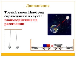 Дополнение 
Третий закон Ньютона 
справедлив и в случае 
взаимодействия на 
расстоянии 
 